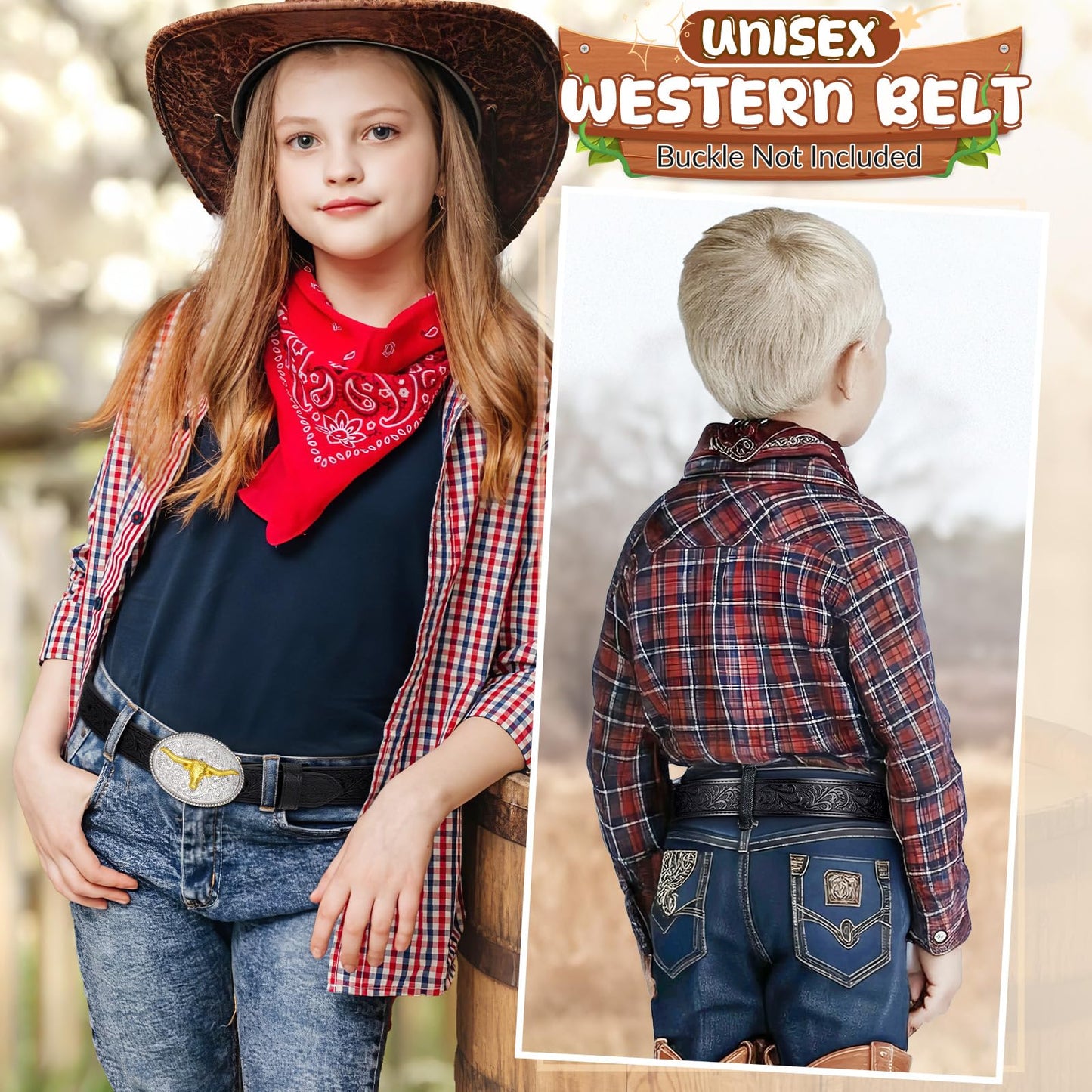 BELTROAD Western Belt Strap for Kids Boys Girls Toddler Genuine Black Leather Belt Cowgirl Cowboy Kids Western Belts for Jeans Gift