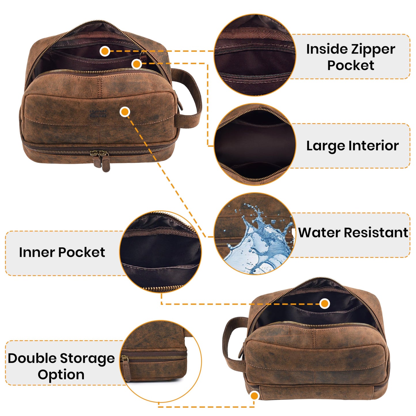 LEATHER VILLAGE Genuine Vintage Leather Dopp Kit - Travel Bag with Waterproof Lining, Large Capacity Toiletry Bag, Dual-Zip Design for Men & Women, Shaving & Bathroom Essentials Organizer-Rustic Brown