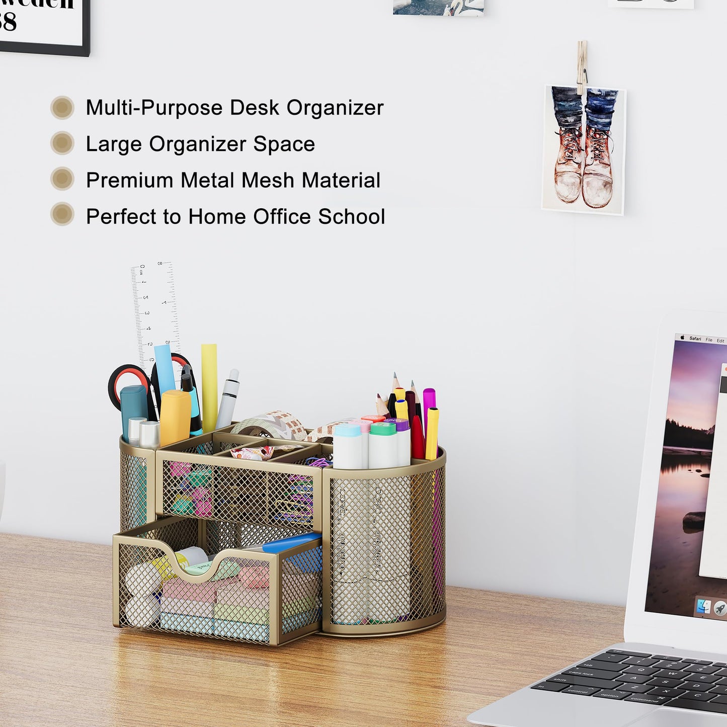 EasyPAG Mesh Pen Holder Desk Organizer with Drawer Stationery Supplies Organizer for Dorm School 9 Compartments Workspace Desk Accessories Organization for Office, Gold