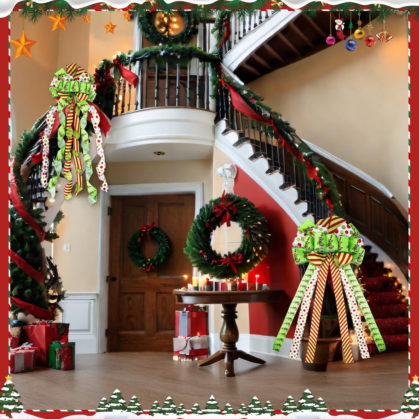 Suncalla 2 Pcs 44 x 13 Inch Large Christmas Tree Toppers Green Christmas Tree Ornaments Candy Cane Ribbon Bows Lime Green Glitter Polka Dot Wreath for Xmas Holiday Indoor Outdoor Front Door Staircase