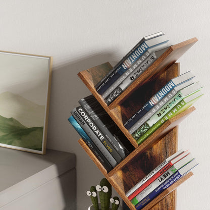SHEEPAM 5 Tier Tree Book Shelf, Small Desktop Bookshelf with Storage Organizer, Wood Bookcase, Desk Display Bookshelves, Floor Standing Organizer Bookcases for Living Room,Bedroom,Office-Brown