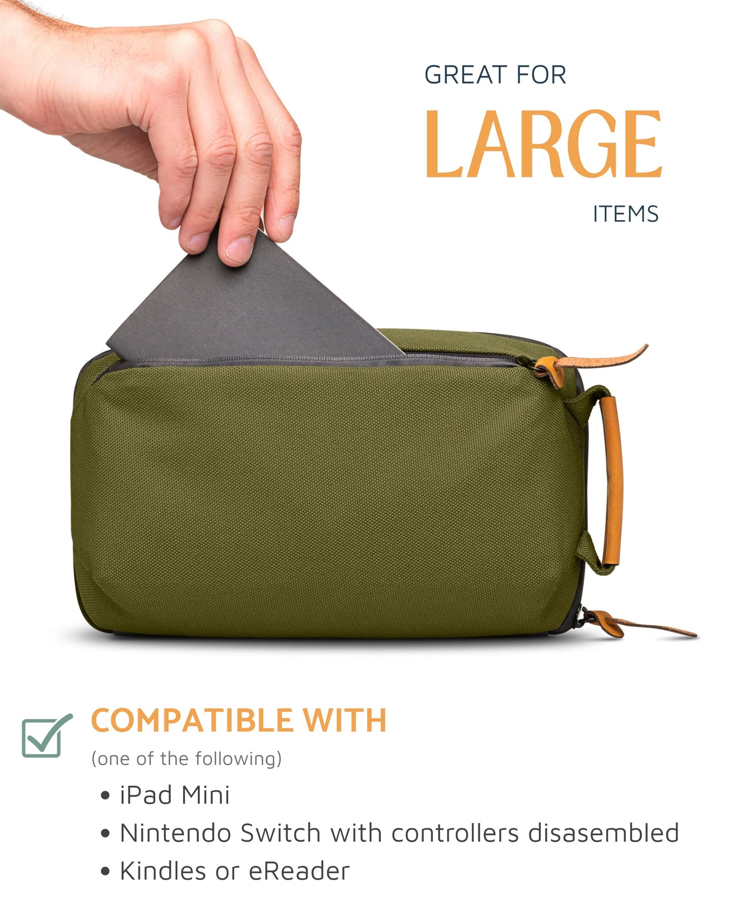 Tech Bag Organizer - Small Electronics Organizer Pouch for Travel - Premium Travel Case with Leather Accents - Mesh Pocket for Cables, Cords and Chargers (Green)