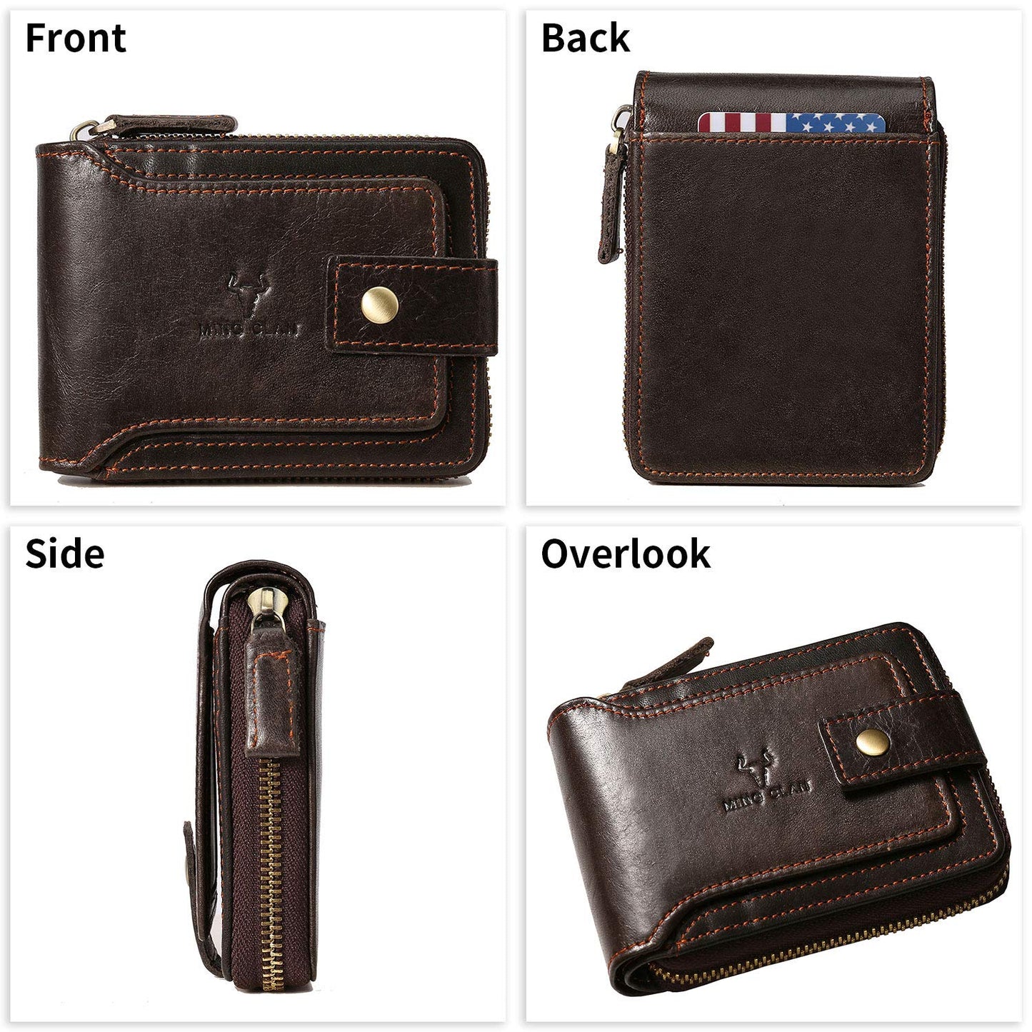 MING CLAN Leather RFID Blocking Bifold Wallet For Men With Zipper, Flap ID Window Zip Coin Pocket, Big Capacity Credit Card Holder For Travel