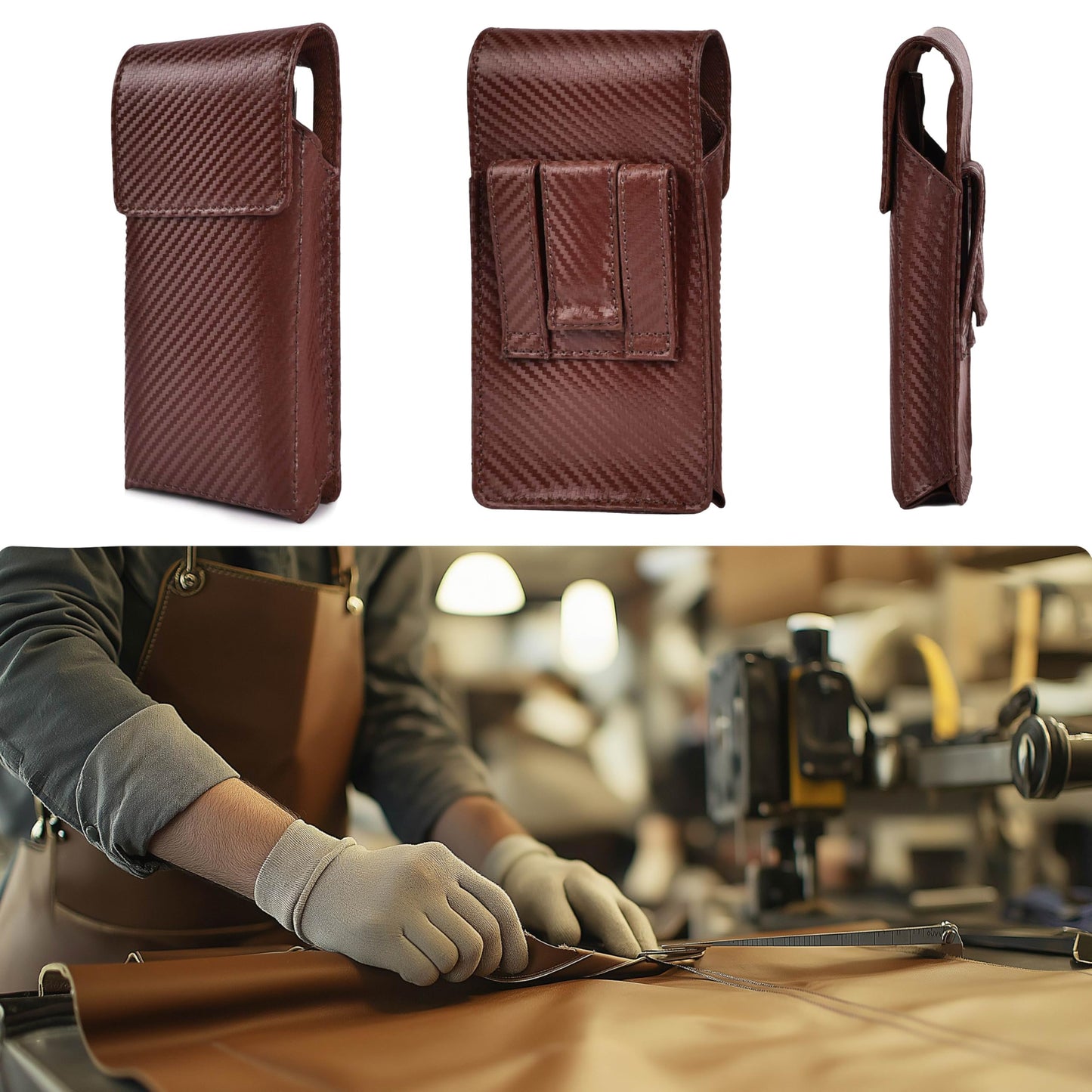 LEATHER VILLAGE Carbon Fiber Genuine Leather Phone Holster with Belt Clip - Compatible with iPhone 16, 16 Pro, 15, 15 Pro, 14, 14 Pro, 13, 13 Pro, 12, 12 Pro, 11, Galaxy S25, S24, S23 - Brown - M