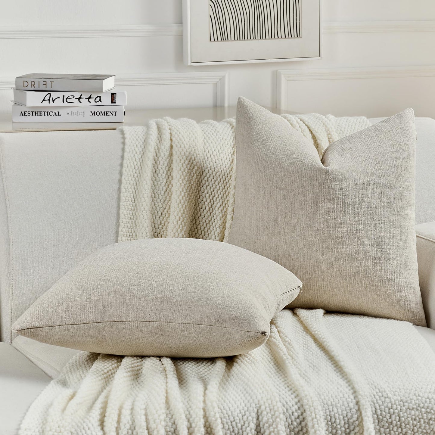 FUTEI Pack of 2 Chenille Decorative Throw Pillow Covers 18x18 Inch,Soft Cozy Faux Linen Textured Cushion Case,Farmhouse Home Decor for Couch Living Room,Beige