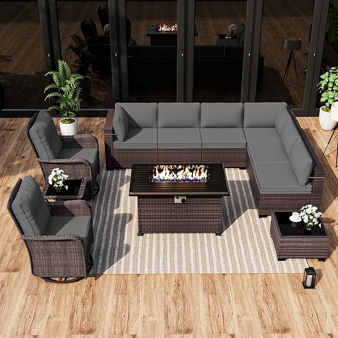 ALAULM 11 Pieces Patio Furniture Set with 2 Swivel Chairs Patio Furniture Outdoor Sectional Sofas with 55000 Gas Fire Pit Patio Conversation Set w/8 Cushions-Grey
