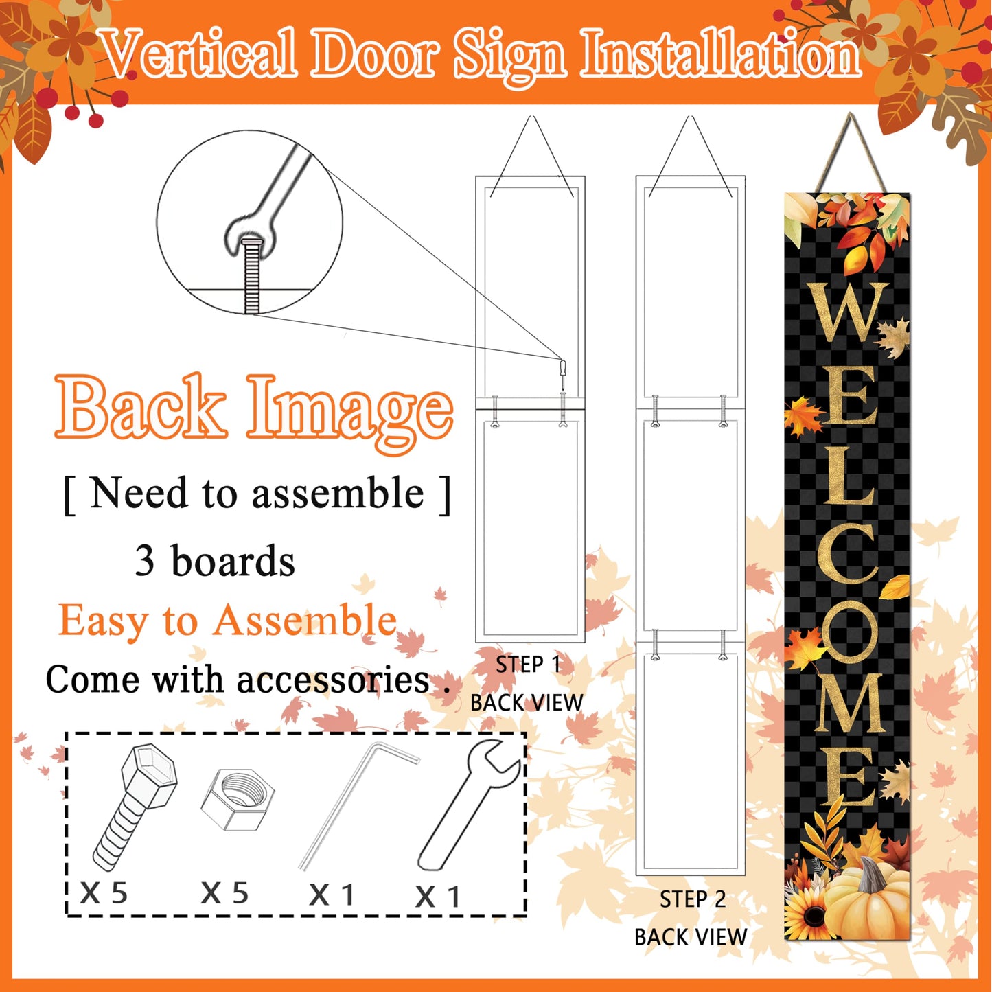 Fall Wooden Porch Sign 47" Autumn Pumpkin Maple Leaf Front Door Welcome Sign Vertical Standing Sign For Garden Home Yard Farmhouse Thanksgiving Decor
