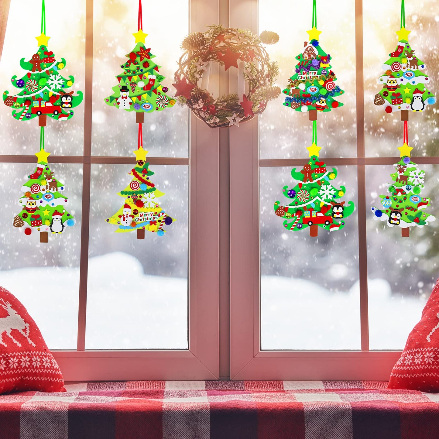 Winlyn 24 Sets Christmas Tree Ornaments Decorations Art Sets DIY Christmas Craft Kits Pine Tree Snowman Snowflake Penguin Foam Stickers Arts and Crafts for Kids Party Favors Home Classroom Activities