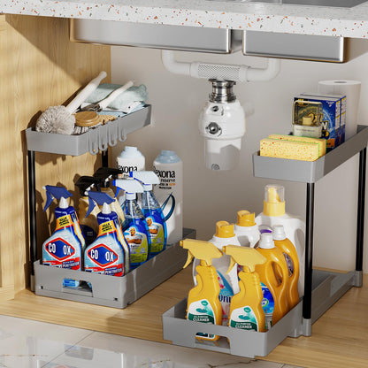 Delamu 2 Pack Under Sink Organizers and Storage, 2 Tier Pull Out Bathroom Cabinet Organizer, L-Shape Black Under Bathroom Kitchen Sink Organizer with Drawer for Under Sink Storage Organizer