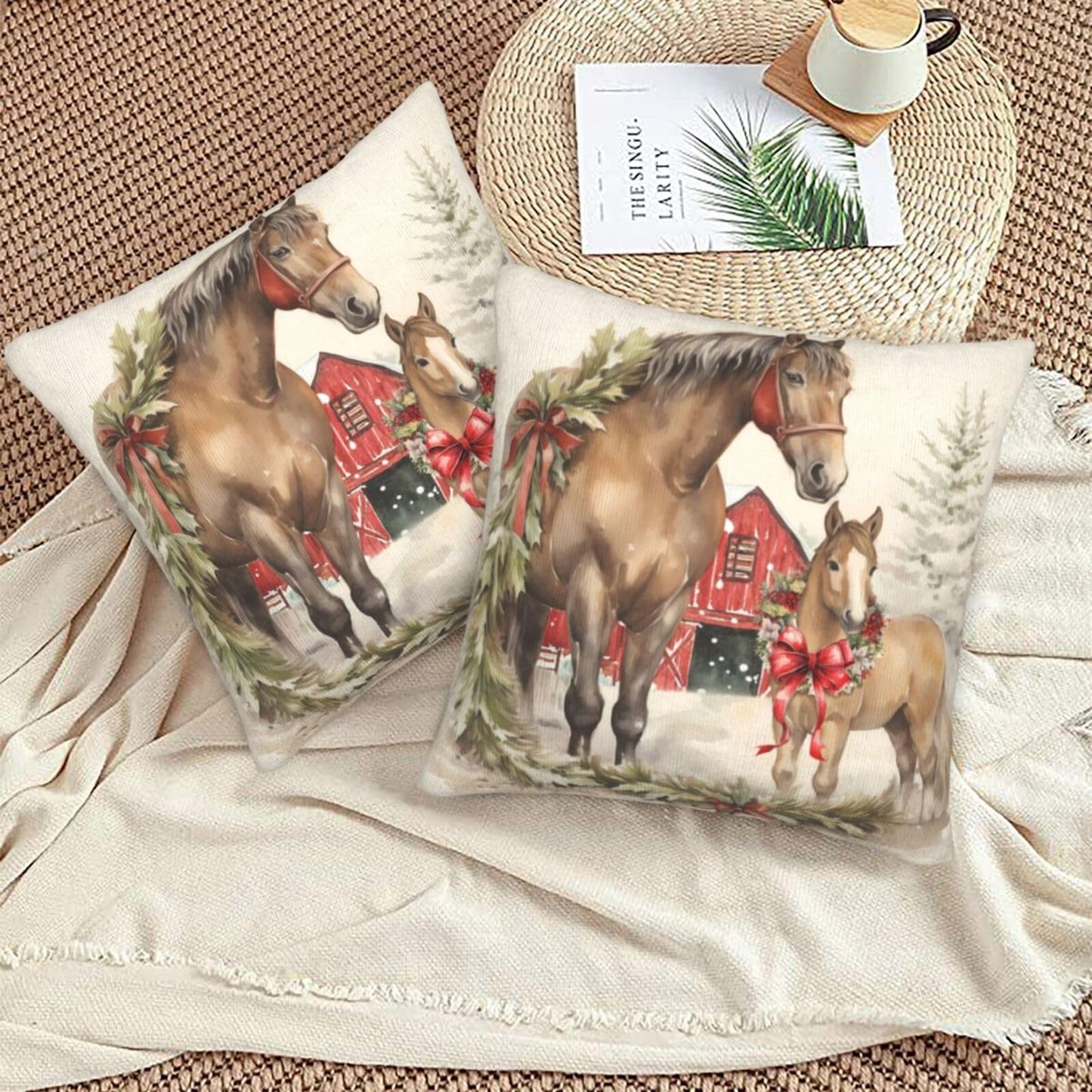 aipoase Christmas Tree Horse Throw Pillow Covers 18 X 18 Inch Set of 2 Pillow Cases Decoration Cushion Cover for Sofa Bedroom Living Room Outdoor (Christmas Tree Horse, 18"x18")