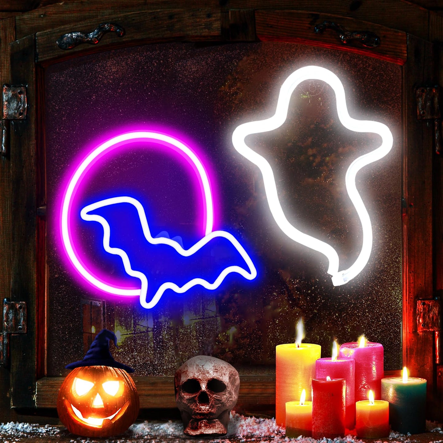 2 Pack Halloween Decoration LED Neon Sign Light,Ghost/Bat and Moon Lights Hanging Neon Signs for Halloween Party Indoor Home Window Decorations (Batteries not Included)
