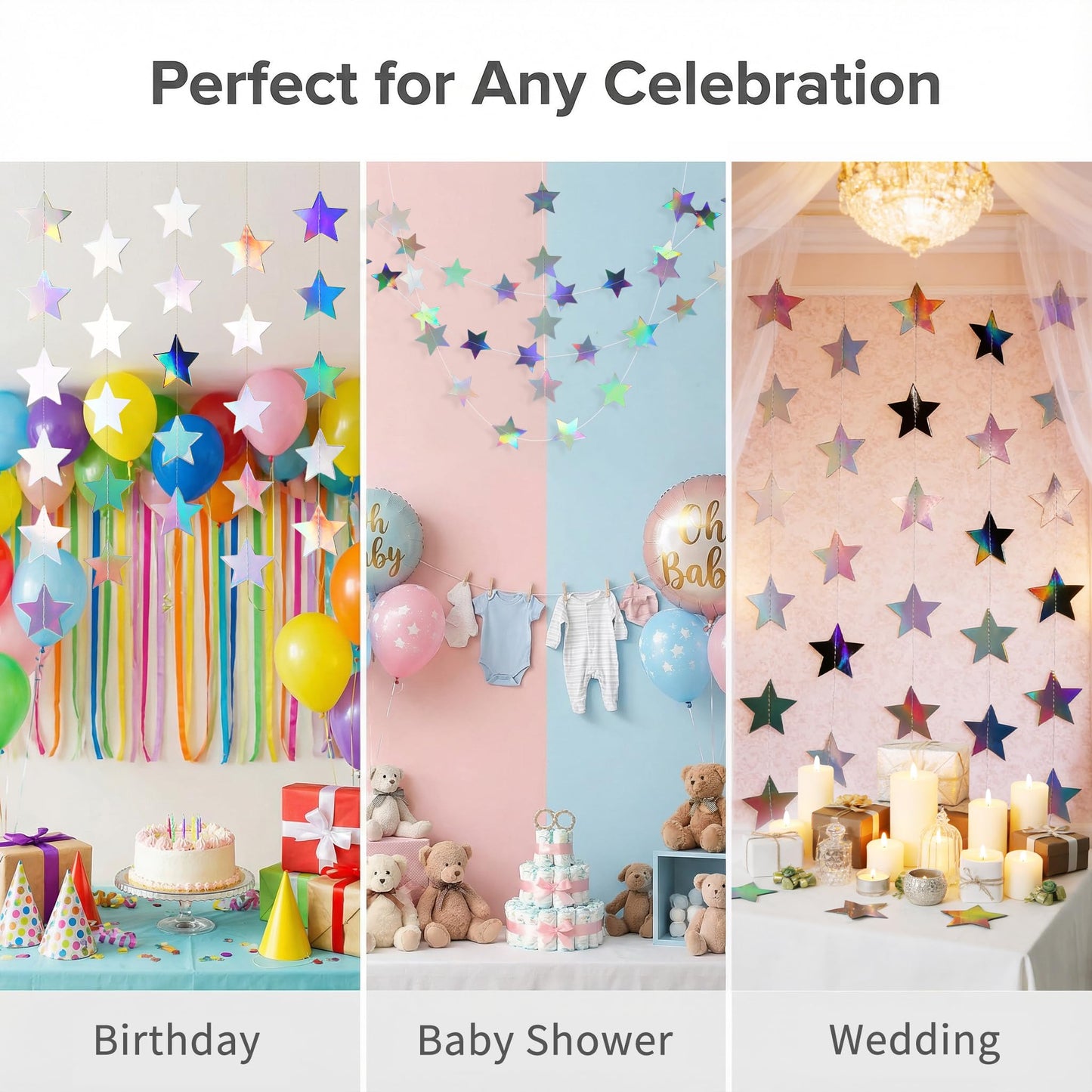 Iridescent-Star-Garland 90FT – 240 Pcs Sparkling Star Streamers-Hanging Glitter Star Banner Backdrop for Birthday, Baby Shower, Wedding, Christmas Party Decorations (6 Packs)