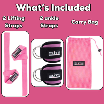 Elite Athletics Ankle Strap for Cable Machine, Gym Ankle Cuff for Cable Kickback, plus Wrist Lifting Straps for Weightlifting, Deadlift and Carry Bag (Pink)