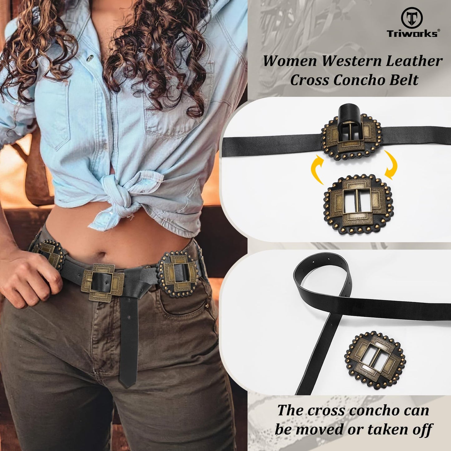 TRIWORKS Women Western Concho Leather Belt Cowgirl Boho Belt Chunky for Dresses Concert Festival