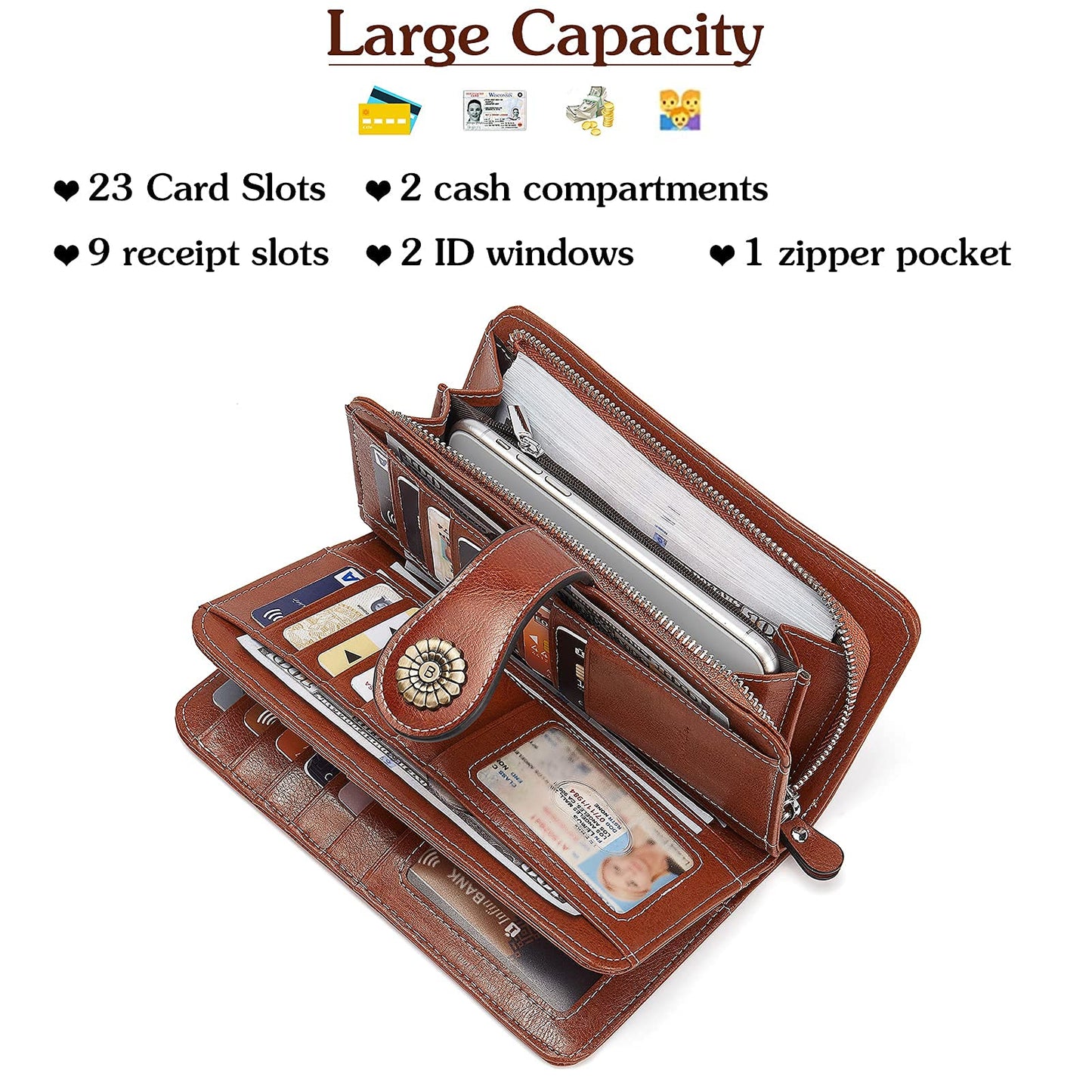 BOSTANTEN Womens Wallet Genuine Leather Large Capacity Wristlet Clutch Purse Credit Card Holder with RFID Blocking Brown