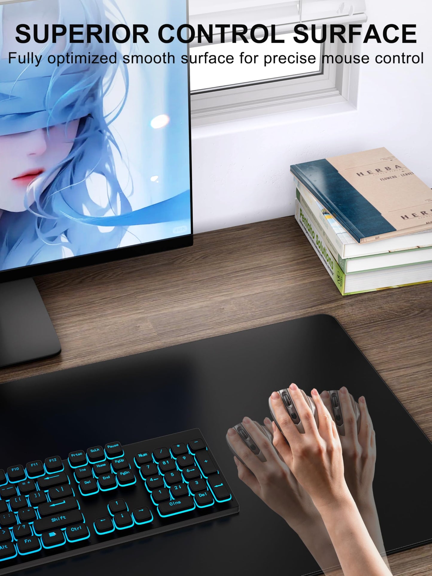 Wireless Charging Mouse Pad with Foldable Phone Holder, 31.5" x 15.8" XXL Large Desk Pad, Gaming Mousepad with Ultra-Smooth Surface, Non-Slip Base, Black Waterproof Desk Mat, with 20W PD Charging Kit