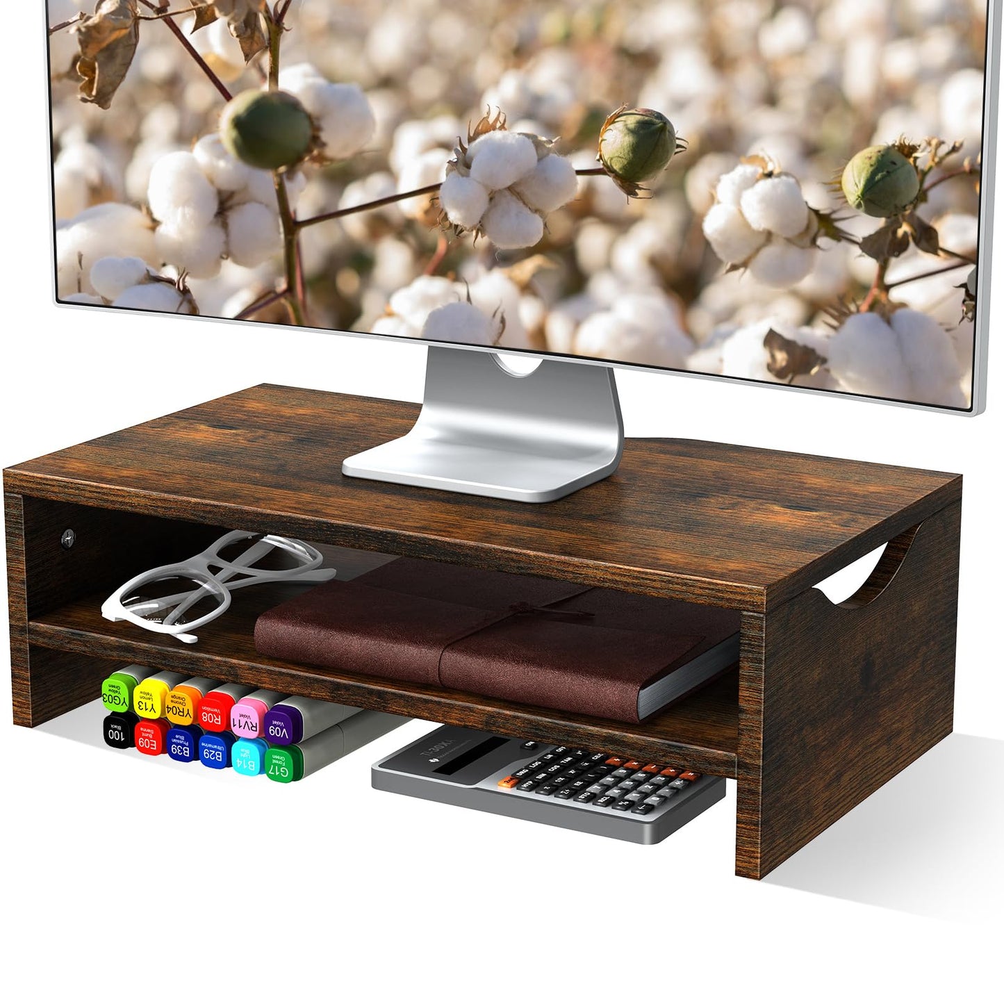 Mountory Monitor Stand Riser, 2 Tiers Wood Monitor Riser Stand with Desktop Shelf Storage Organizer, Ergonomic Desk & Tabletop Organizer Desktop Stand for Laptop Computer, MacBook, PC(Rustic Brown)