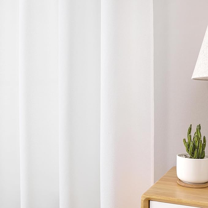 Tollpiz Linen Curtain Bedroom Rod Pocket Semi Sheer Curtains Burlap Light Filtering Thick Linen Drape for Living Room, 54 x 63 inches Long, White, Set of 2 Panels