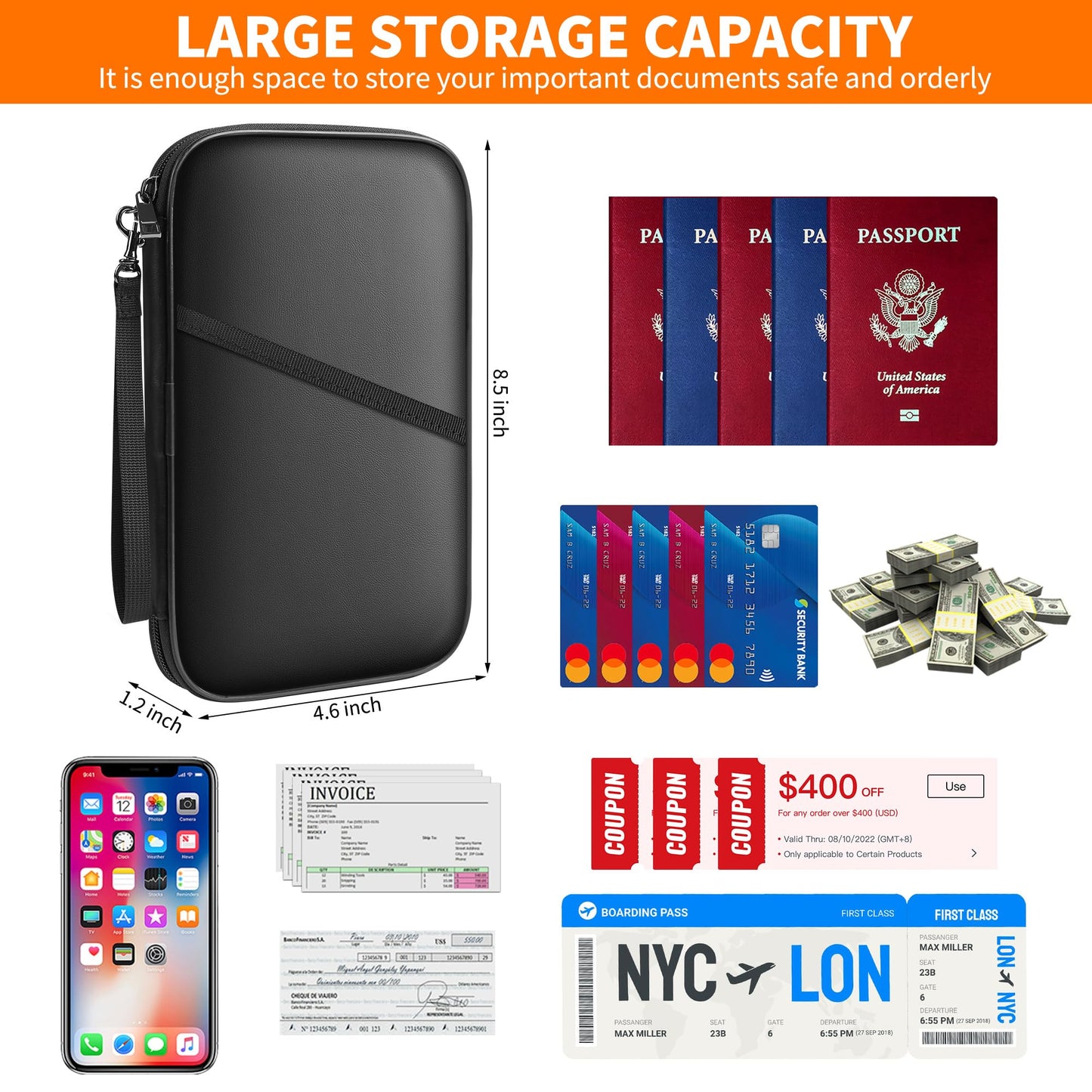 JUNDUN 2500℉ Fireproof Family Passport Holder,RFID Blocking Upgraded Material Fireproof Passport Wallet for 4,Travel Document Organizer Case with Zipper for Passport and Card