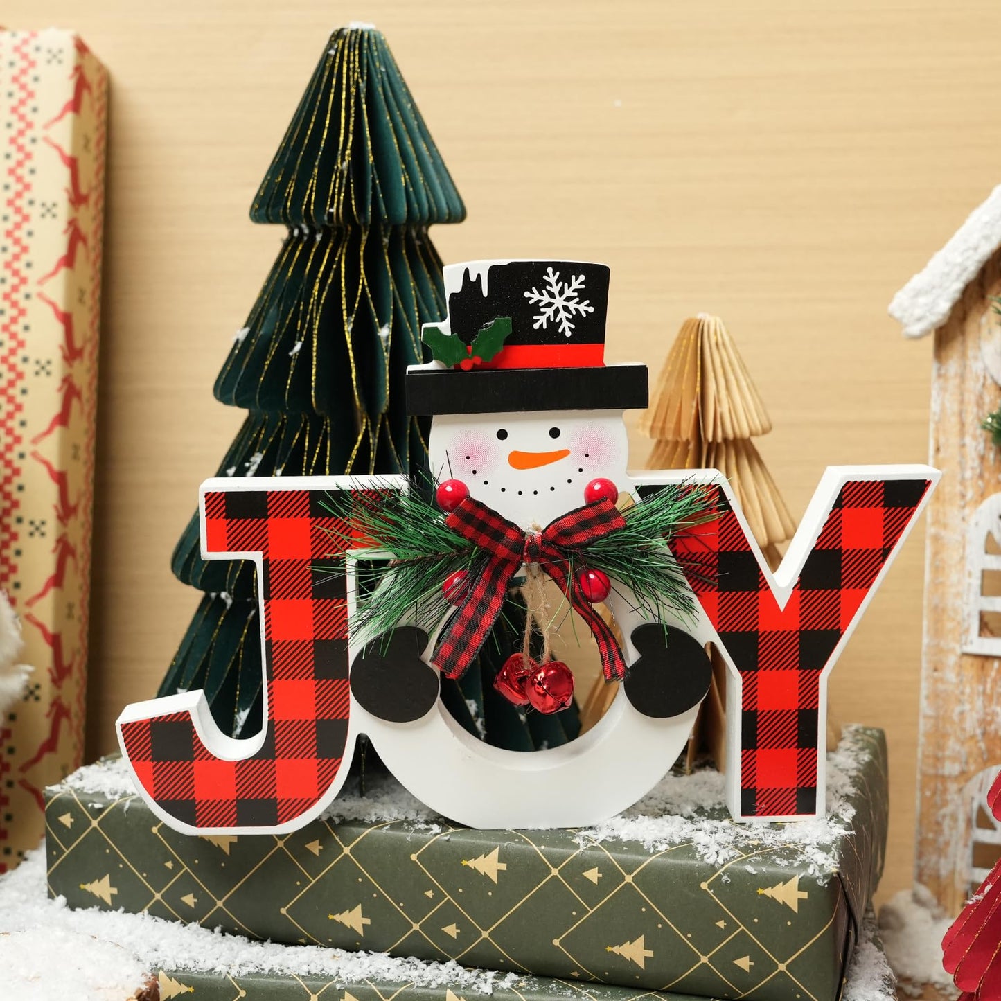 Christmas Table Decorations Wooden Joy Table Centerpieces Snowman Table Sign Standing Tabletop Merry Christmas Decoration for Holiday Office Desk Tiered Tray Party Shelf Decorations Farmhouse Winter