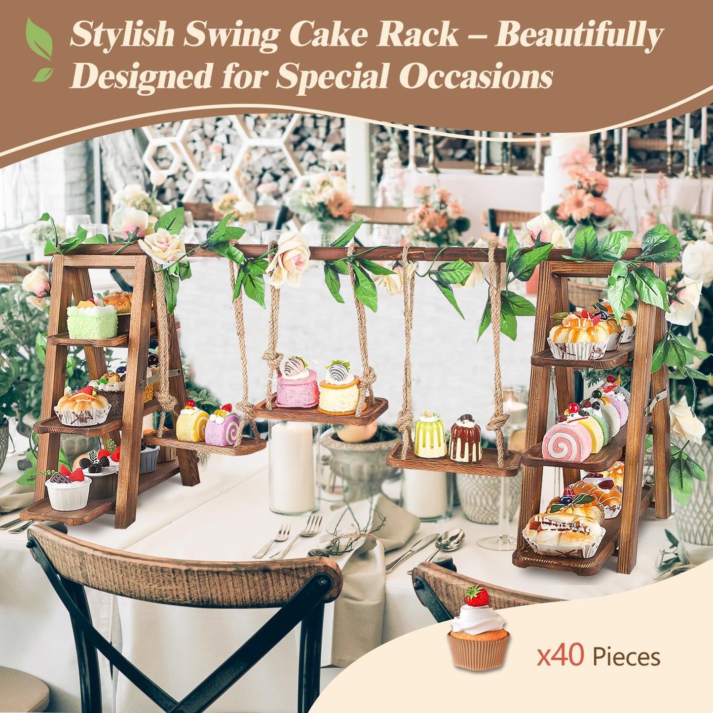 Wisreach Upgraded Large Wooden 3 Tier Swing Cupcake Stand with Flower Decor, Removable Trays, Foldable Ladder Display for Cake, Snacks, Fruit, Bread, Party & Catering Centerpieces