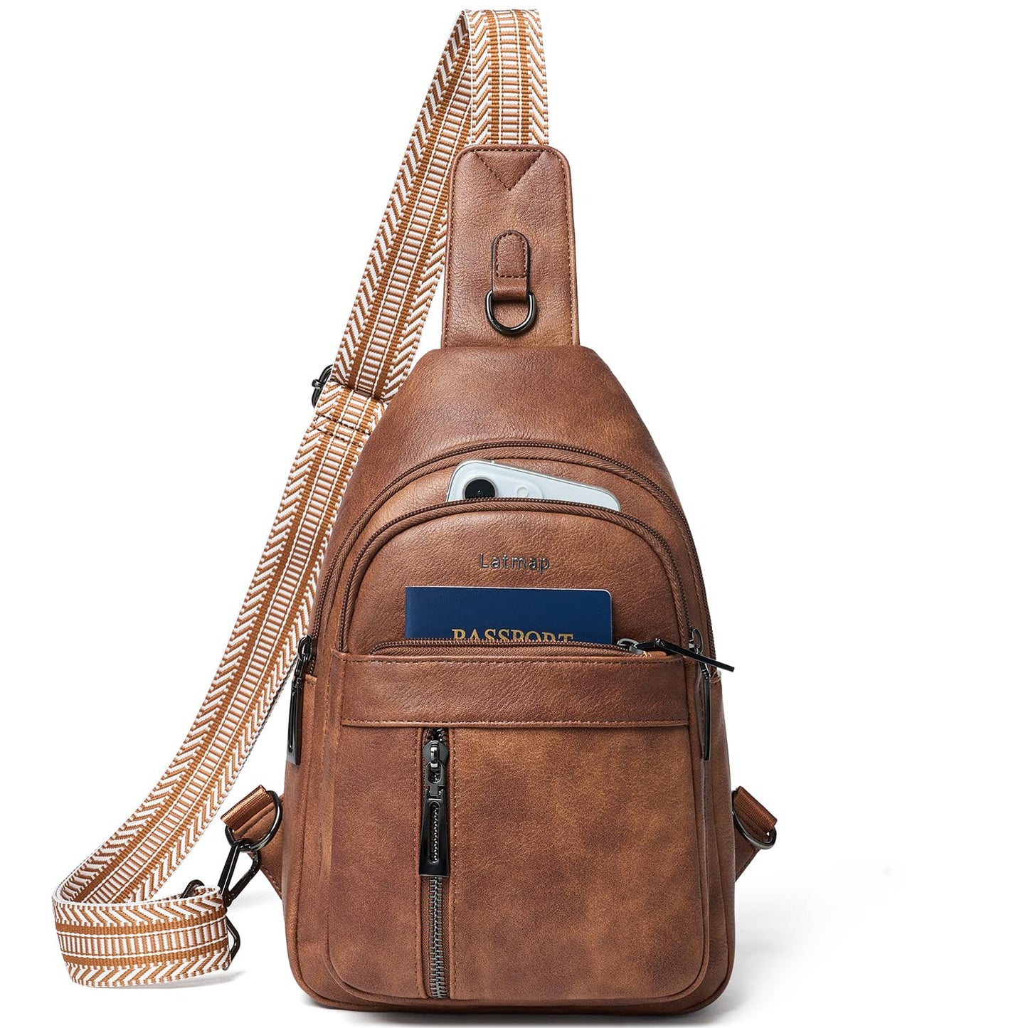 LATMAP 7L Sling Bag For Women Men Backpack Fanny Pack Crossbody Chest Travel Shoulder Belt Bags Purse Handbag PU Leather Brown