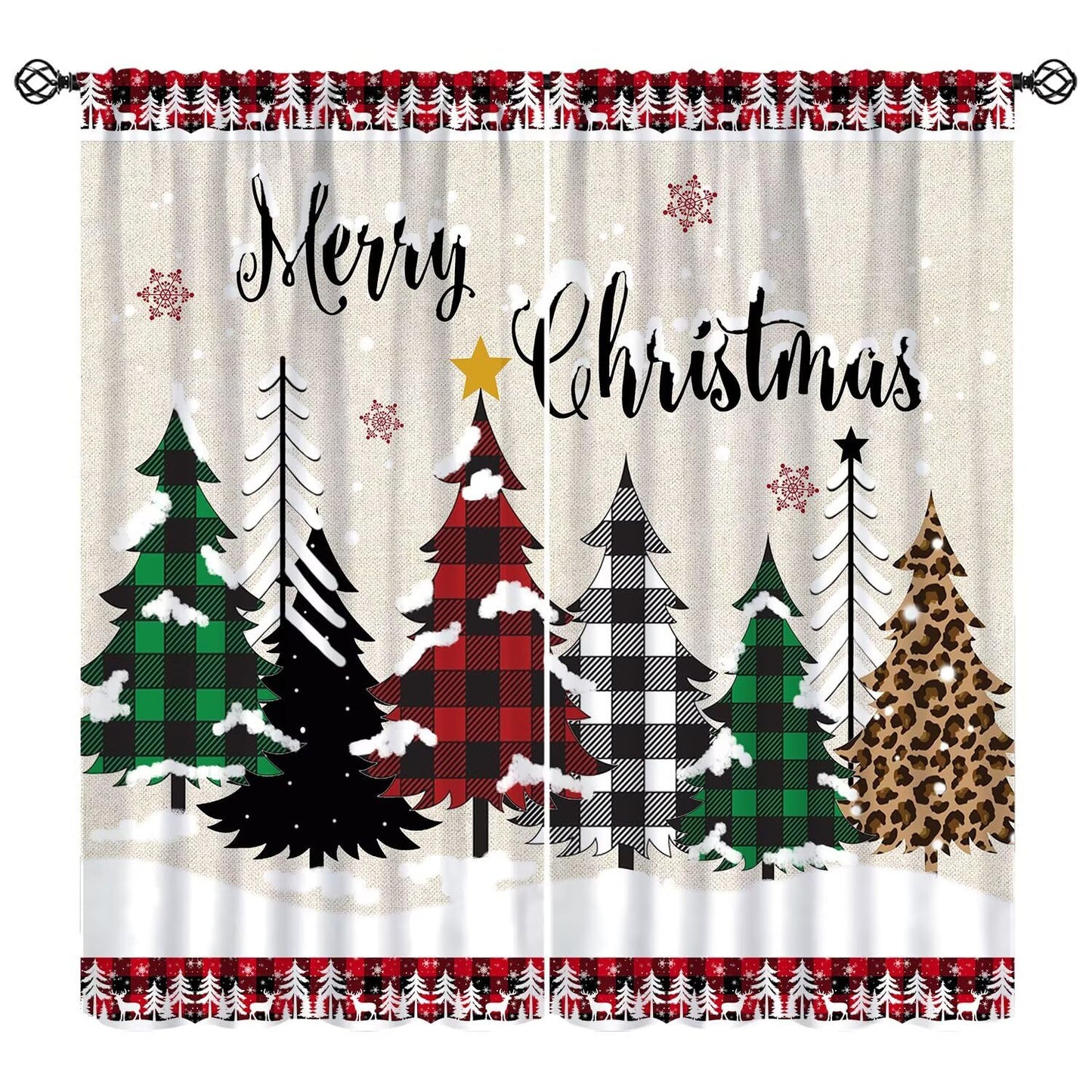 Christmas Tree Curtain Farmhouse Buffalo Plaid Xmas Tree Winter Cabin Snowflake Holiday Window Treatment for Living Room Bedroom Kitchen Cafe Study Dinin Merry Christmas Decor Window Drapes 42"W X 45"