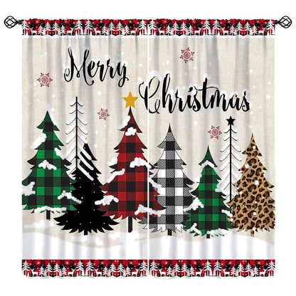 Christmas Tree Curtain Farmhouse Buffalo Plaid Xmas Tree Winter Cabin Snowflake Holiday Window Treatment for Living Room Bedroom Kitchen Cafe Study Dinin Merry Christmas Decor Window Drapes 42"W X 45"
