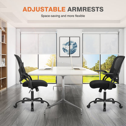 Sweetcrispy Office Computer Desk Chair, Ergonomic Mid-Back Mesh Rolling Work Swivel Task Chairs with Wheels, Comfortable Lumbar Support, Comfy Flip-up Arms for Home, Bedroom, Study, Student, Black