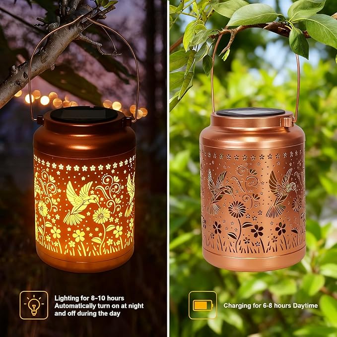 Solar Lanterns Outdoor Garden Decor- Solar Lights Waterproof Hummingbird Decorative Gifts for Women Mom Grandma Hanging Metal Lights Gardening Gift for Outside for Yard, Patio, Backyard, Farm