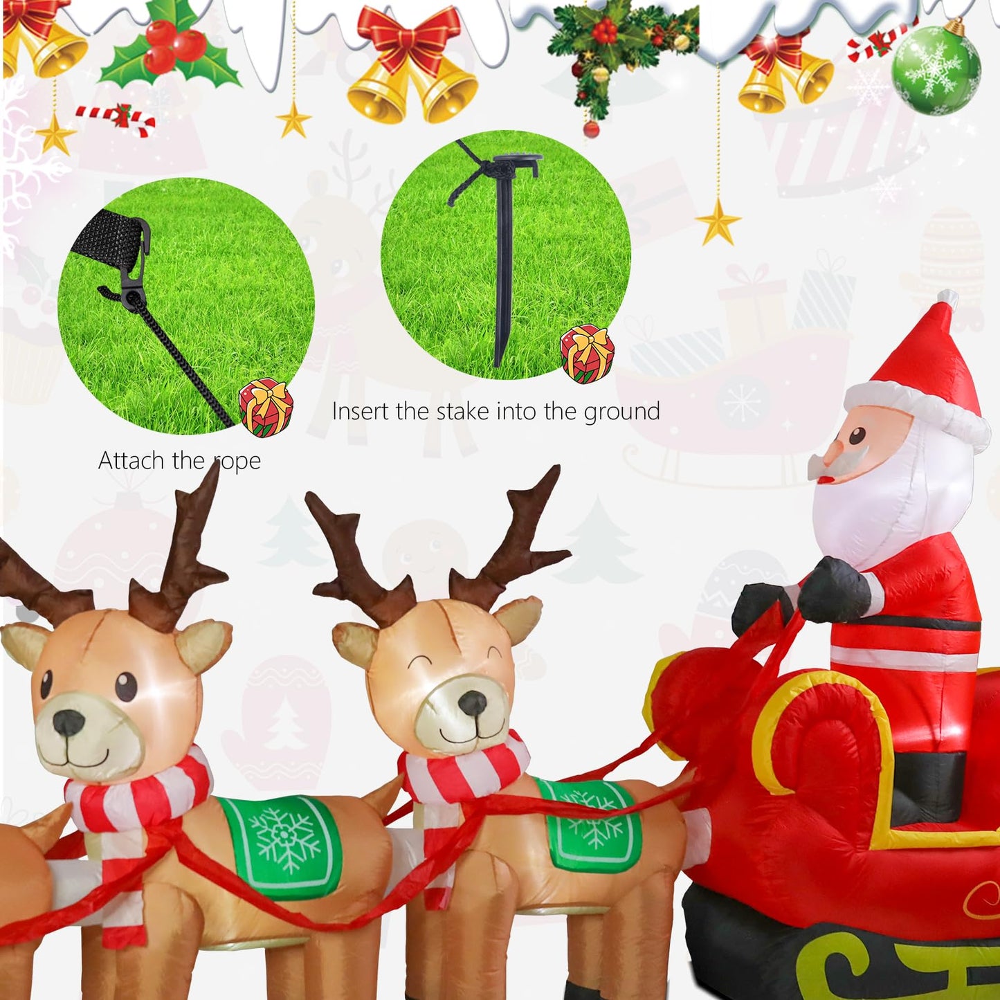 MUMTOP 12FT Long Christmas Inflatables Outdoor Decorations, Inflatables Santa Claus Sleigh with Reindeer Christmas Blow up Yard Decorations Built-in LED Lights for Outdoor Party Holiday Decor
