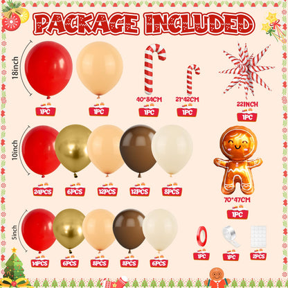 FunHot Christmas Balloon Arch Kit, Xmas Beige Red Balloon Garland, Apricot Brown Red Metallic Gold Latex Balloons with Gingerbread Man Candy Cane Star Foil Balloons for Christmas Party Decorations