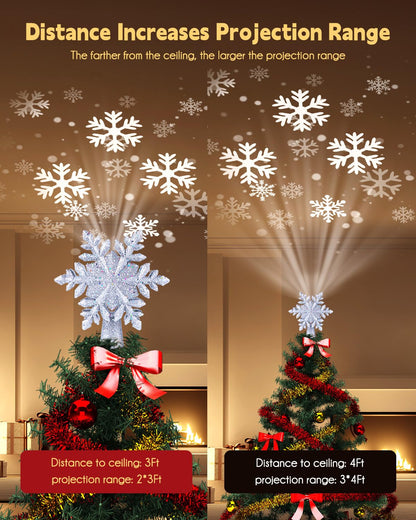 Christmas Tree Topper Lighted with Built-in Led Rotating Snowflake Projector Lights, 9.6” Hollowed Tree Topper with Silver Spangles Plug In for Indoor Home Xmas New Year Party Holiday Night Tree Decor