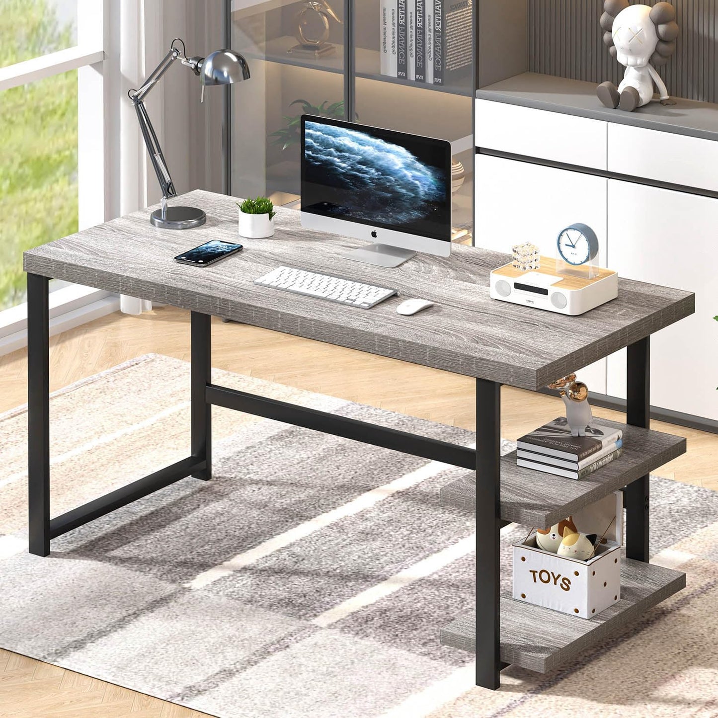 FOLUBAN 47 Inch Home Office Desk, Modern Computer Desk with Storage Shelves, Small Study Writing Gaming Table Workstation for Living Room Bedroom, Industrial Light Grey