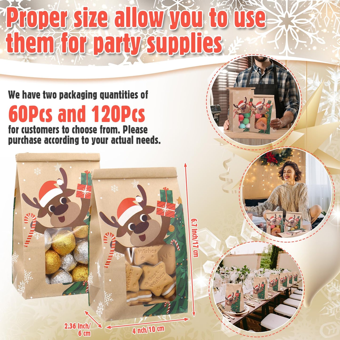Fullhawl 120 Pcs Christmas Bakery Bags With Window, 4 x 2.36 x 6.7 Inch Tin Tie Tab Lock Small Xmas Kraft Paper Cookie Treat Popcorn Bags for Winter Holiday Party Favor