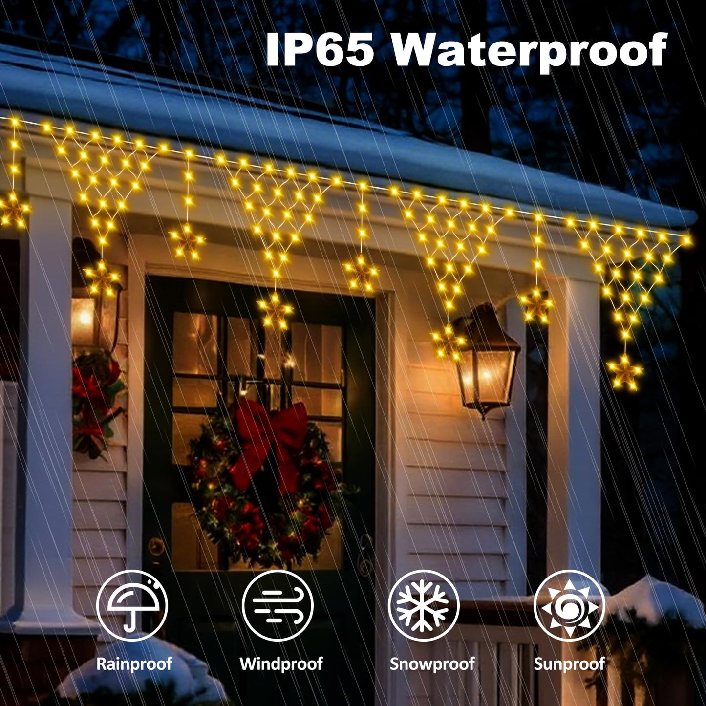 Ramadan Outdoor String Lights Waterproof, 218 LED 13.8FT Star Curtain Fairy Lights with 12 Drops Connectable Clear Wire Christmas Light Decorations 8 Modes for Eaves Yard Wedding Party Holiday Decor