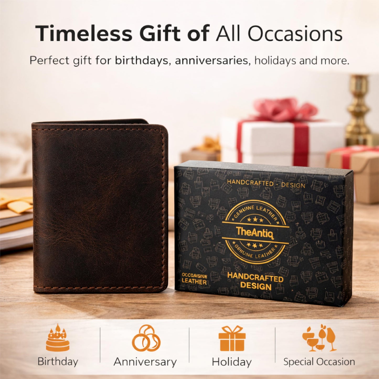 TheAntiq Credit Card Case Holder, Genuine Leather Bifold Wallet for Men and Women, Slim Minimalist Front Pocket Card Holder for Credit and Debit Cards, 4x3 Inches, Brown