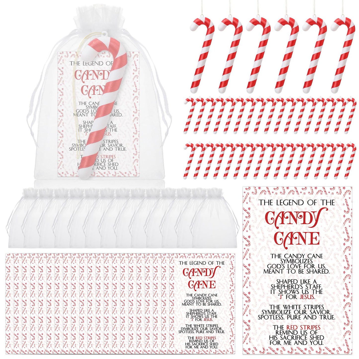 Cholemy 36 Sets Christmas Candy Cane Hanging Ornaments Gifts Including 36 Candy Cane Ornaments and 36 Legends of Story Cards with 36 Organza Bags for Christmas Tree Home Party Decor