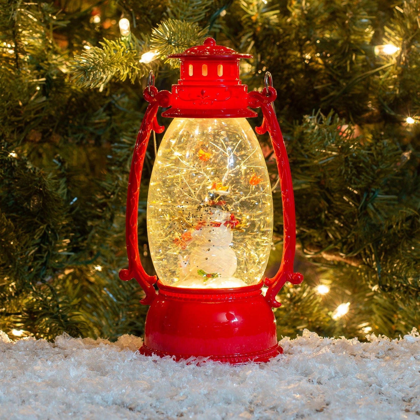 Red Vintage Lantern Snowman Swirling LED Light 10 Inch Acrylic Holiday Glitter Globe