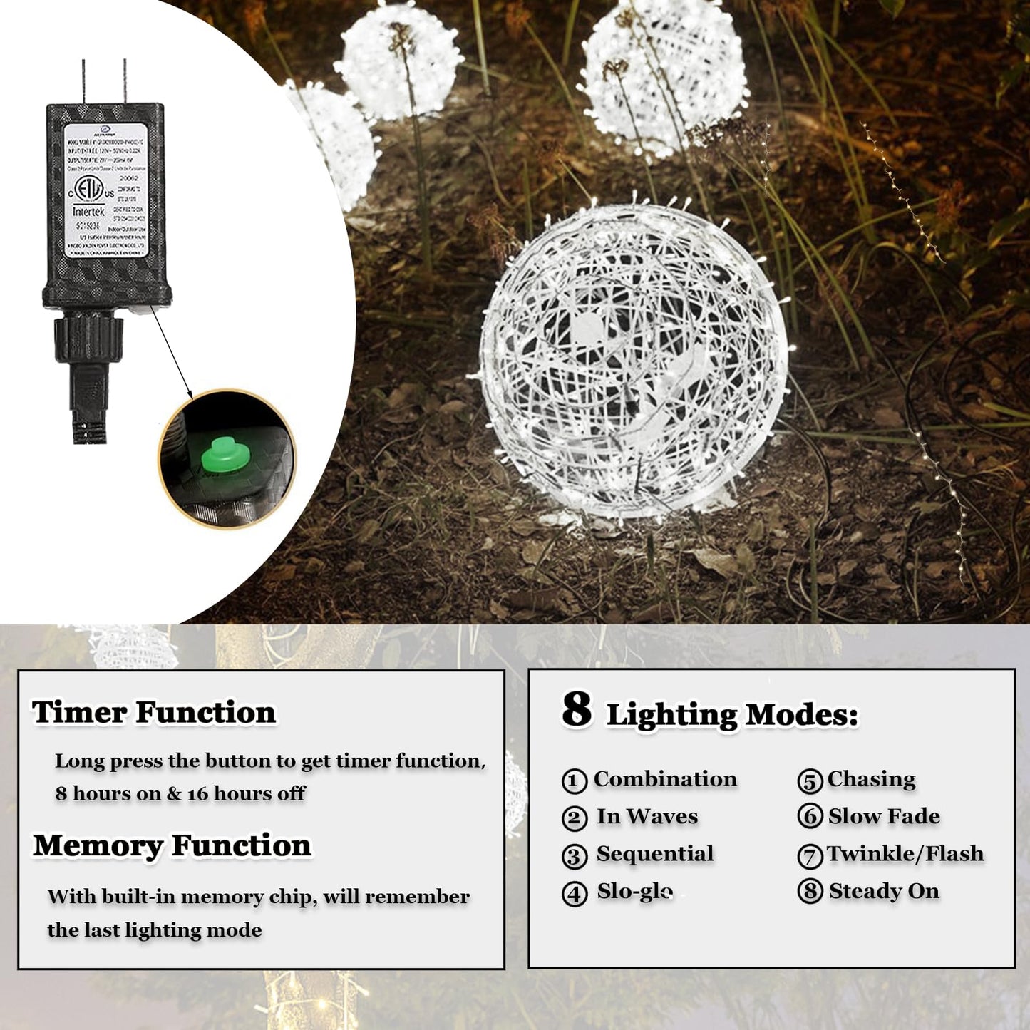 Outdoor Christmas Balls Lights Tree Lights Waterproof, 4 Pack 7.87" LED Hanging Globe Sphere Lights with 8 Lighting Modes Memory Timer Plug for Party Wedding Xmas Porch Patio Garden Yard Decorations