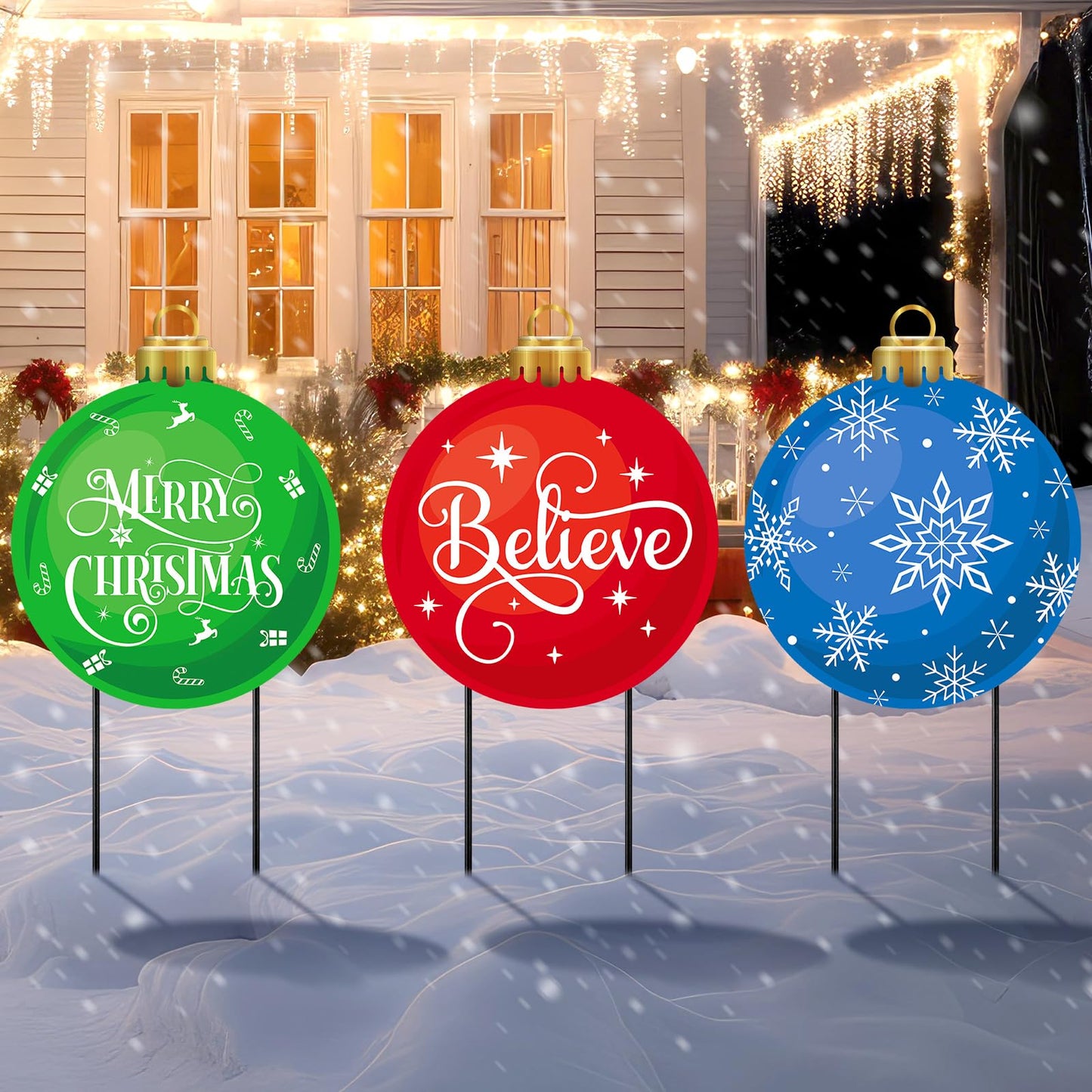 3 Pcs Metal Christmas Balls Yard Signs 20'' H Outdoor Waterproof Snowflake Believe Merry Christmas Yard Sign with Stakes for Outside Porch Patio Lawn Garden Pathway Xmas Holiday Winter Decoration