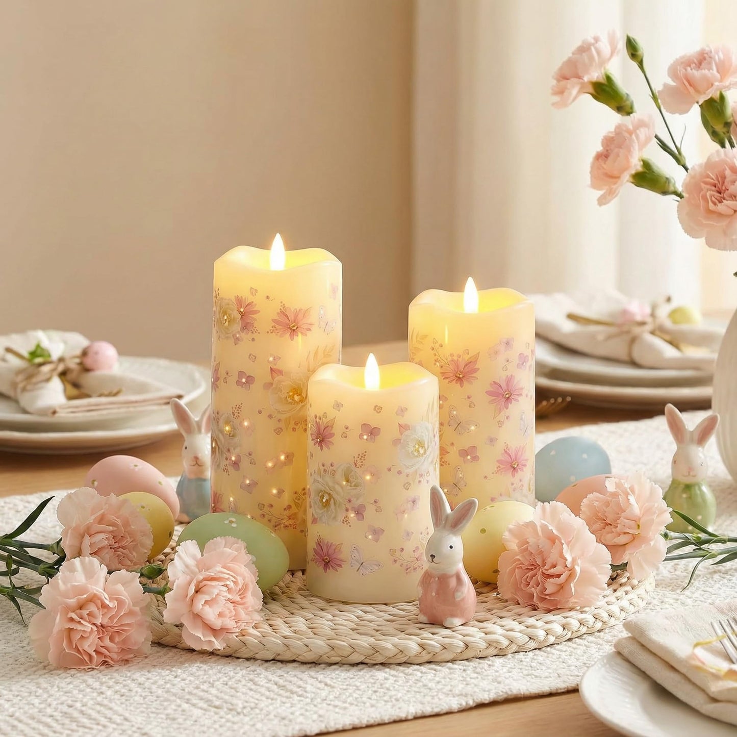 Eywamage Fiber Optic Flameless Pillar Candles with Remote, Floral Butterfly Summer LED Candles Flickering Home Decor Gift Set of 3