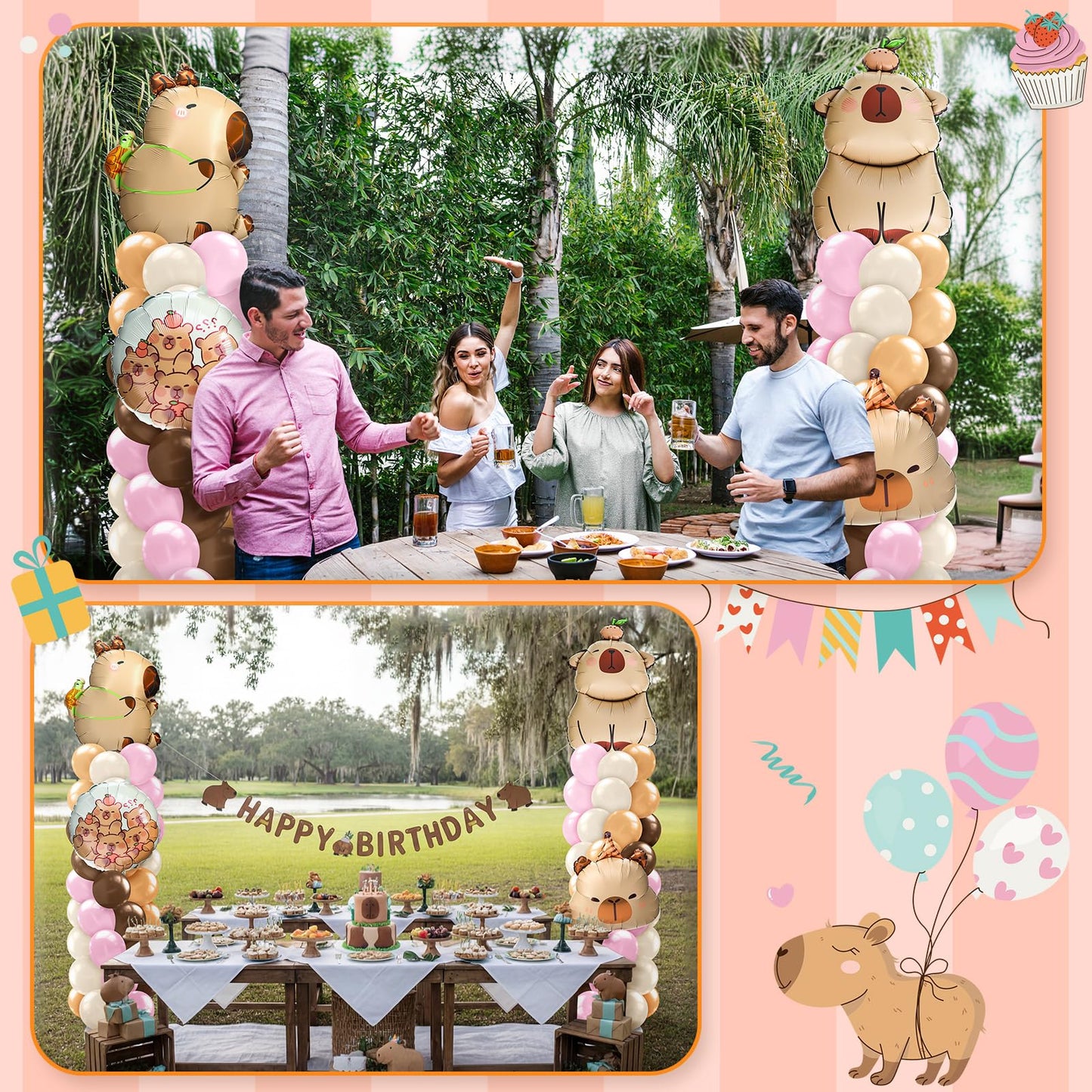 Kasyat 2 Sets Capybara Balloon Column Stand Kit Pink Brown Beige Orange Balloons Arch Garland for Capybara Birthday Party Gender Reveal Baby Shower Animal Theme Decoration