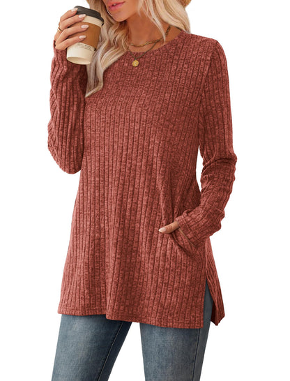 SAMPEEL Womens Sweaters Crewneck Long Sleeve Shirts with Pockets Fall Outfits 2025 Fashion Winter Clothing Side Slit