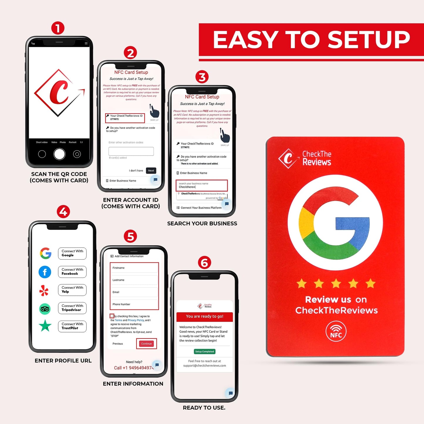 Check The Reviews Digital NFC Card - Smart Gadget for Reputation Management - Compatible with Google, Facebook, TripAdvisor - NFC Card for Customer Feedback via QR Code or Tap (3 Pack)