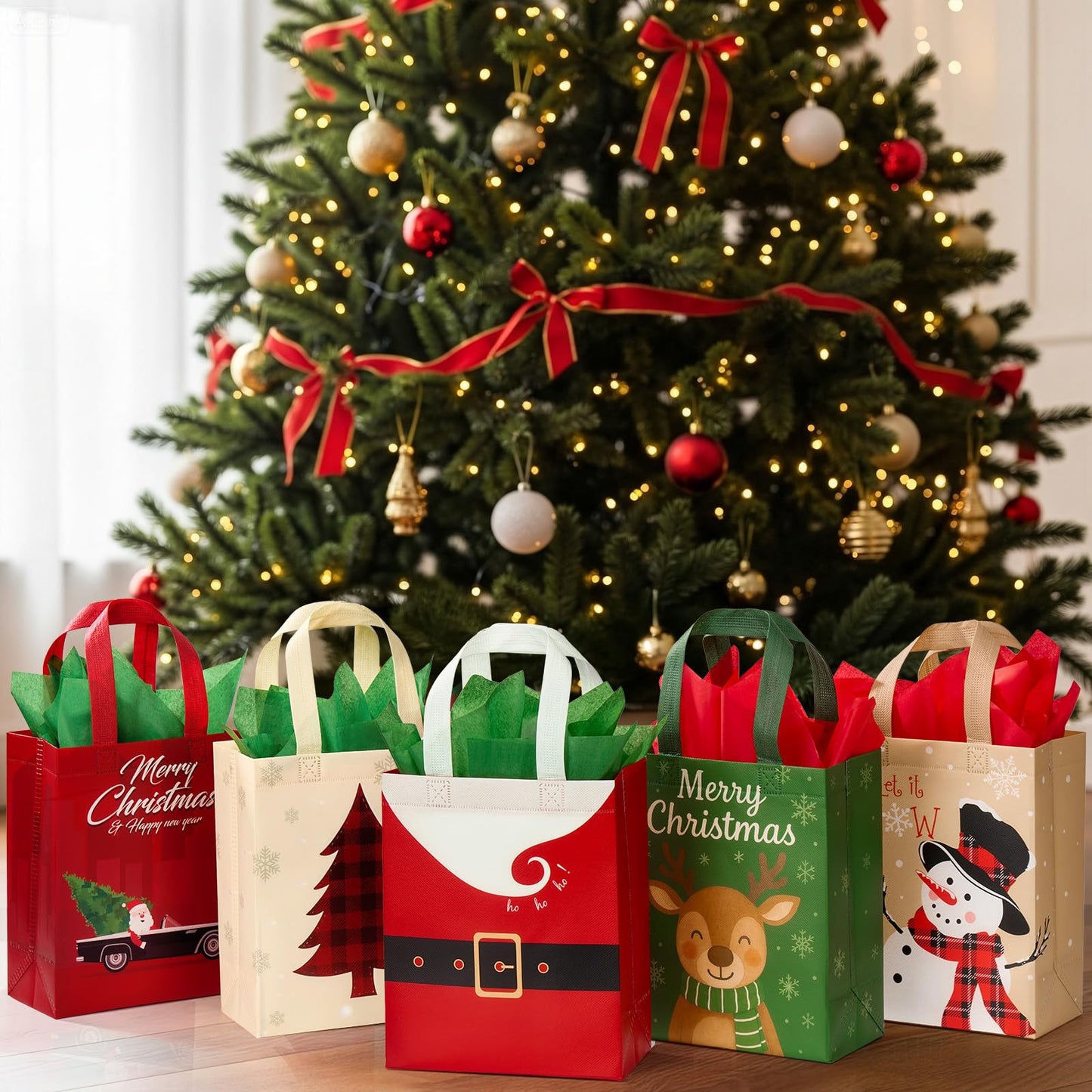 STYPOP 24 Pack 10" Christmas Gift Bags Medium Size with Tissue Paper, Reusable Non-Woven Christmas Tote Bags with Handles, Perfect for Xmas Gift Wrap/Party Favor Supplies, 10" × 8" × 4"