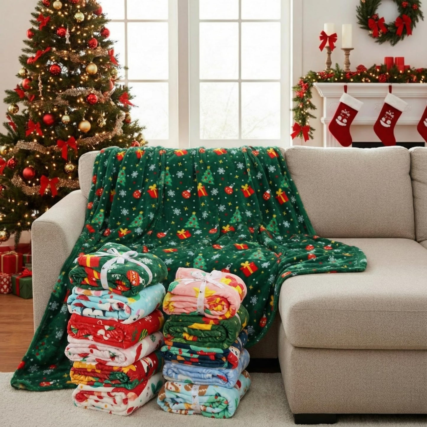 Windkream 12 Pcs Christmas Throw Blankets with Ribbon Xmas Fleece Blankets Gingerbread Snowman Lightweight Soft Warm Plush Couch Throw for Living Room Home Decor(60 x 80 Inch)