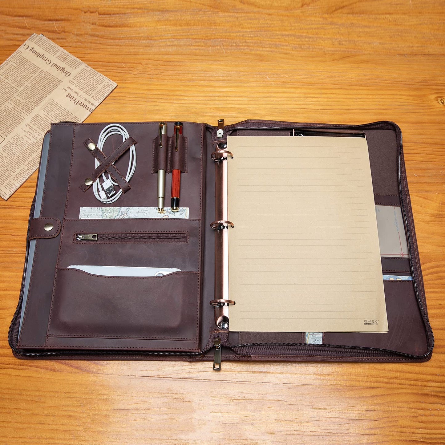 YIWEN Handmade Leather Portfolio with Handle, 3 Ring Binder, Zippered Padfolio for 13" Tablet, 8.5 x 11 Notepad, Professional Business Document Organizer (Dark Brown, Crazy Horse Leather)