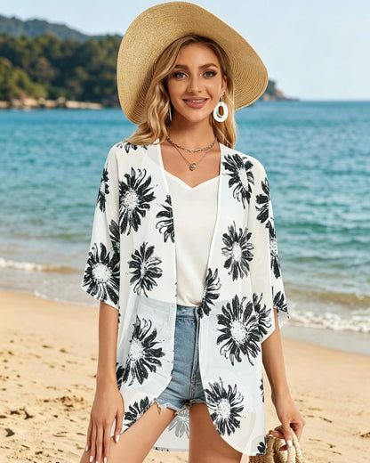 Floral Print Puff Sleeve Kimono Cardigan - Casual Loose Blouse Top for Women | Stylish Cover Up