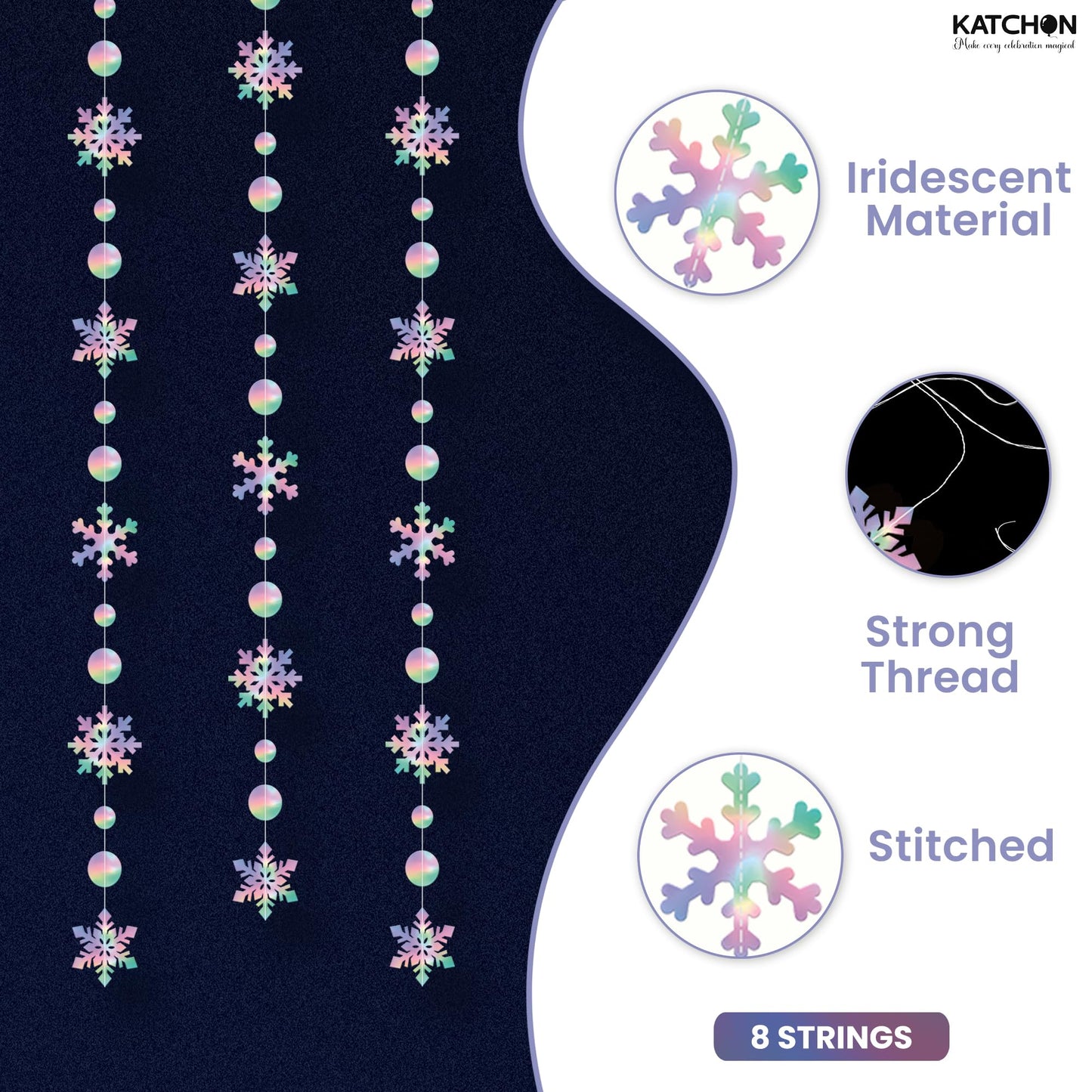 KatchOn, 6.5 FT Christmas Garland Decorations- 8 String, No DIY | Snowflake Garland | Hanging Christmas Decorations Indoor | Snowflakes Streamers for Iridescent Party Supplies, Winter Decor